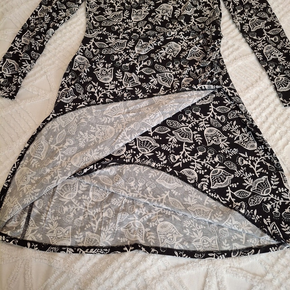 Boden Women US 4 Long Jersey Dress Black White Floral Long Sleeve Ruched Side - Picture 8 of 11
